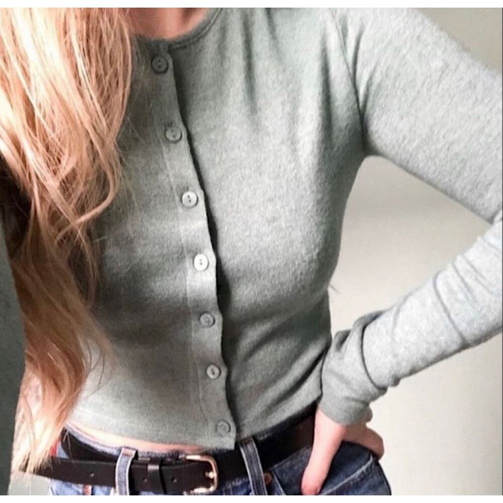 ZARA Cardigan Sweater Light Sage Green Button Front Crop Size S